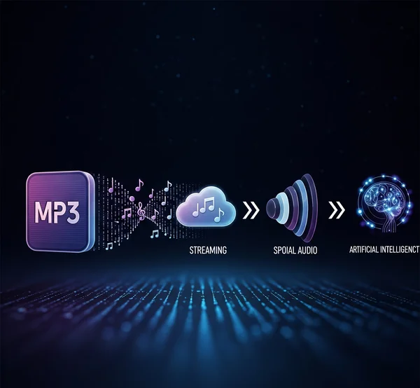 Concepto futurista que muestra la evolución del formato MP3