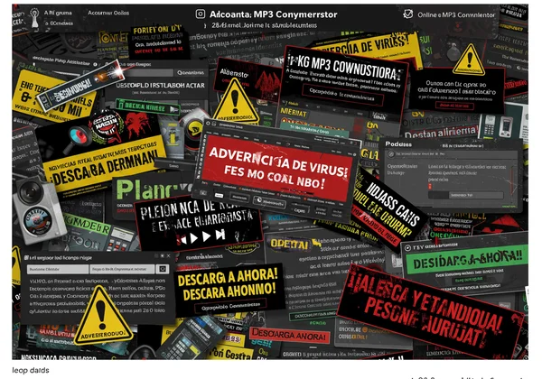 Sitio web de convertidor MP3 riesgoso con pop-ups y alertas agresivas