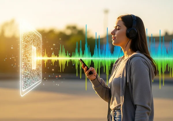 Estudiante escuchando una clase convertida en el teléfono, aprendizaje móvil