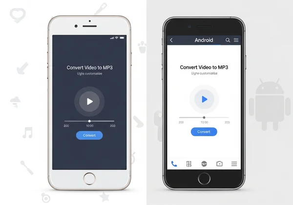 Dos teléfonos inteligentes, iPhone y Android, mostrando un convertidor de video a MP3