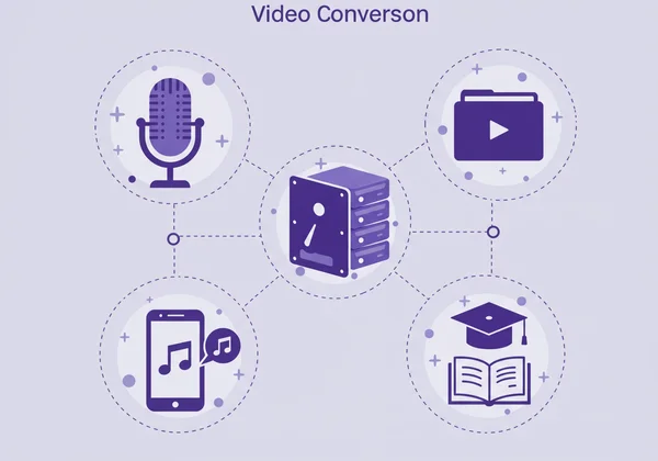 Iconos que representan la conversión de video para diversos usos.