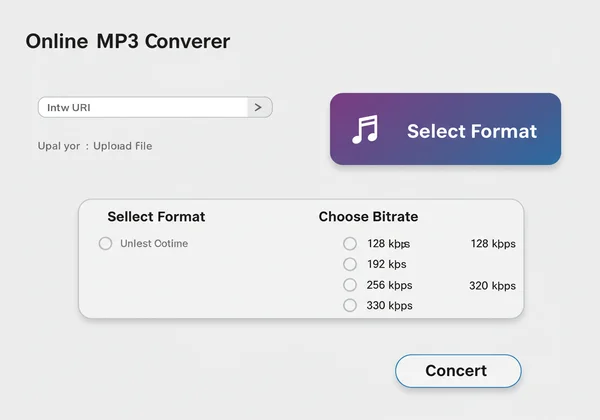 Interfaz del convertidor MP3 que muestra el menú desplegable de selección de tasa de bits