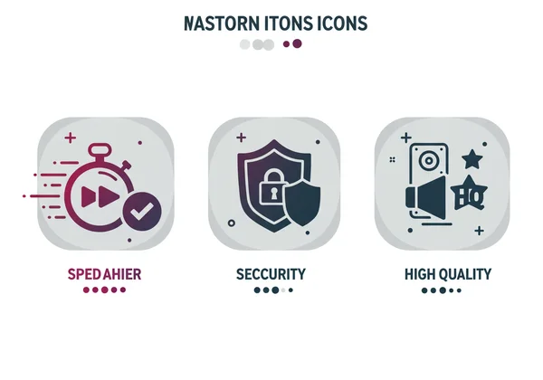 Iconos que representan características de velocidad, seguridad y calidad.